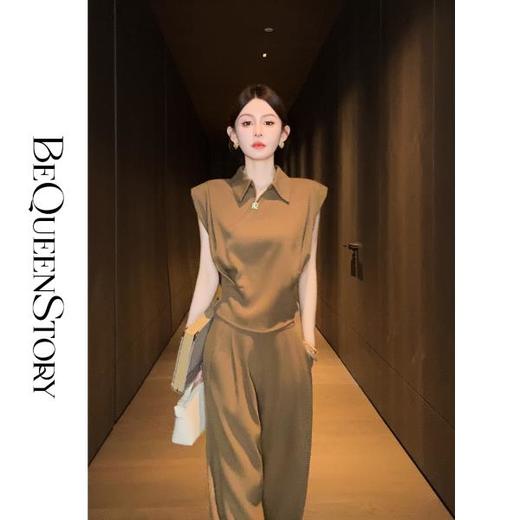 【大货捡漏，不退不换】  【精英气场】透气舒适斜纹翻领垫肩马甲上衣&阔腿捏褶休闲裤 商品图2