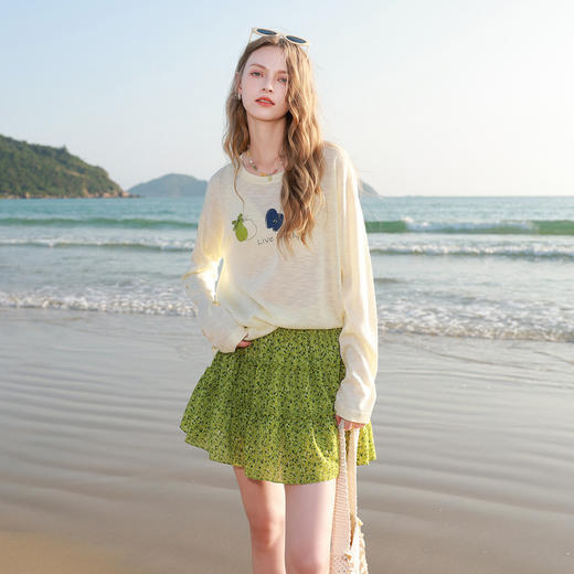 三彩2026夏季新款水果印花罩衫针织衫圆领套头落肩袖上衣简约M 商品图1