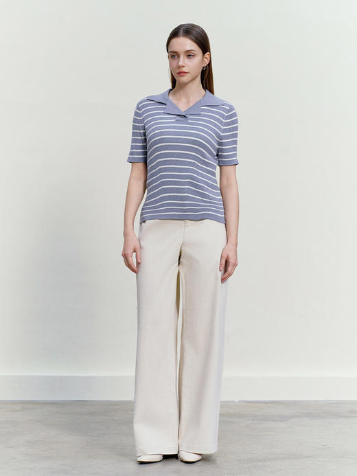 【V领抽条条纹针织衫】26年春夏新品女士棉+桑蚕丝+亚麻修身显瘦上衣 商品图2