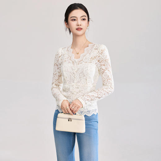 「高货wl」全新升级【铂金会员174/天猫229/差价55】(02155)洛诗琳法式刺绣蕾丝打底衫女2026春夏气质镂空蕾丝V领上衣 商品图0