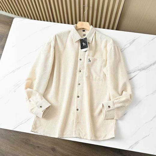 F031842春秋新款男士灯芯绒复古纯色宽松条纹衬衫上衣 商品图6