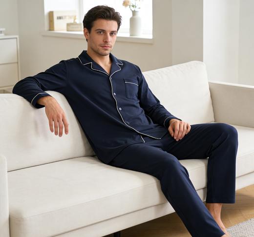 【50S100%长绒棉 SCHIESSER德国舒雅男士翻领经典款 100%长绒棉180G长袖长裤套装35/25963H 商品图2