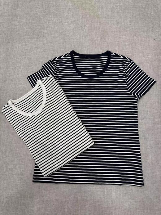 F0318116春夏新款棉氨混纺竹节棉T贝壳扣撞色条纹T恤 商品图1