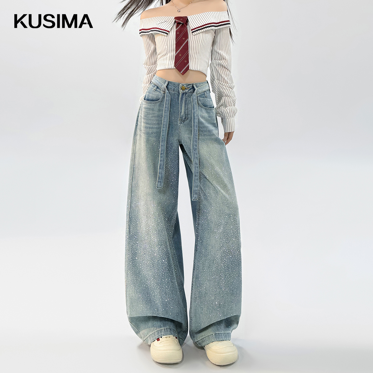 天丝棉牛仔裤 满天星烫钻垂感显瘦裤