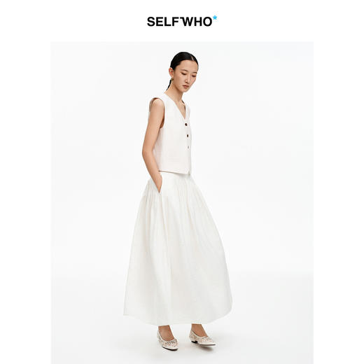 SELFWHO亚麻混纺米白色A字半身裙女2026夏季新款碎褶显瘦伞摆长裙 商品图2