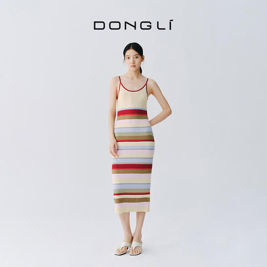 东黎 • 万物复苏 一目彩虹 山羊绒桑蚕丝女士春夏吊带彩条长裙  6229 商品图2