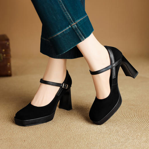 【预售5天】复古防水台高跟鞋女粗跟新款真皮方头一字带玛丽珍鞋不累脚MLD&AM999 商品图3