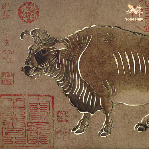 铜师傅 手工錾刻 铜雕画《五牛图（悬浮框）》背景墙中式装饰挂画 商品图3