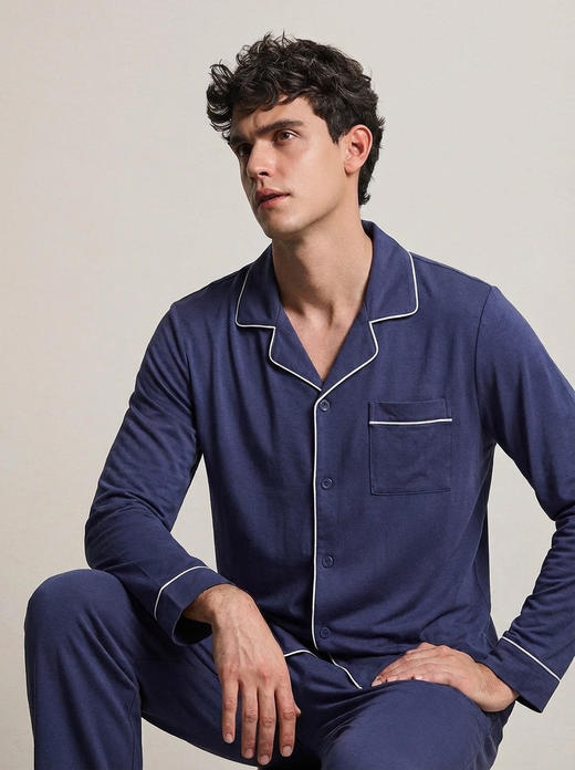 爱家同款尊享老钱风K边男士长袖家居服 休闲睡衣套装 柔软舒适 垂坠抗皱 商品图0