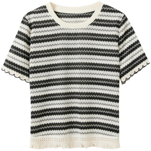 三彩2026夏季新款休闲圆领T恤撞色条纹短袖套头衫流苏短款上衣M 商品图4