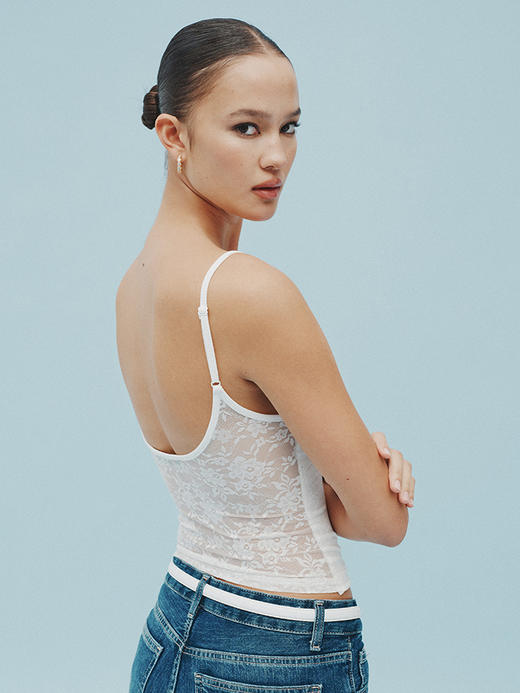 TR她热 棉朵打底 白色弹力蕾丝带胸垫基础款百搭显瘦修身吊带背心 L预售 商品图0