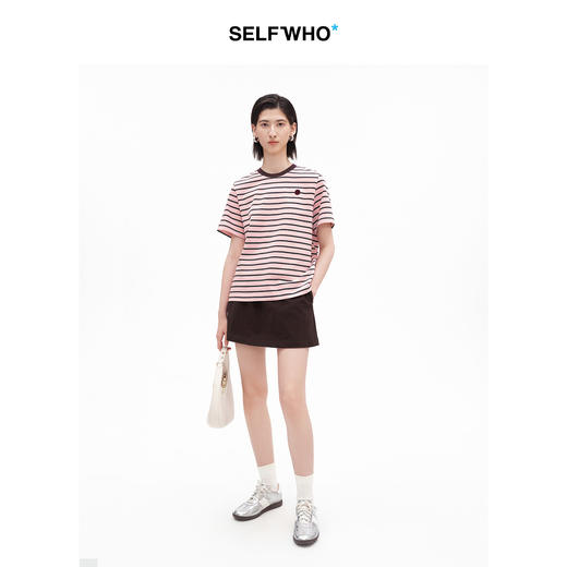 SELFWHO纯棉笑脸标撞色条纹短袖T恤女2026夏新款正肩圆领上衣 商品图2
