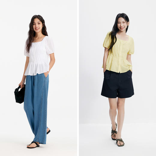 森马短袖衬衫女夏方领泡泡袖纯棉修身绣花衬衣法式温柔小个子上衣 商品图4