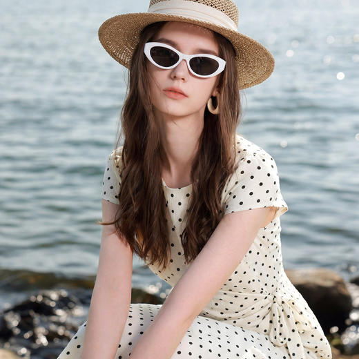 三彩2026夏季新款法式浪漫不规则收褶波点连衣裙A字长裙短袖M 商品图3