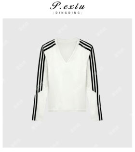 03-3潘依绣丁丁宠粉春夏新品设计感侧条纹V领长袖T恤 Q6368
