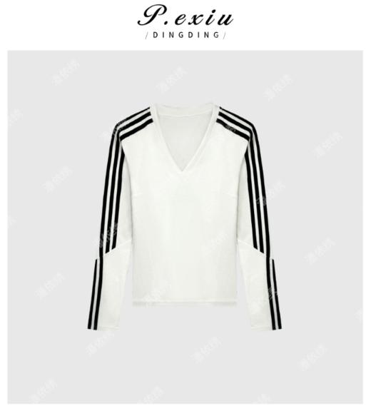 03-3潘依绣丁丁宠粉春夏新品设计感侧条纹V领长袖T恤 Q6368 商品图0