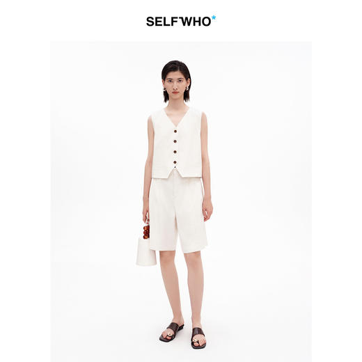 SELFWHO亚麻混纺经典V领马甲女2026夏新款宽松单排扣外穿马夹上衣 商品图2