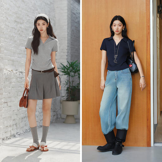 森马POLO衫女夏季短款褶皱紧身正肩凉感上衣2026新款百搭气质衣服 商品图4