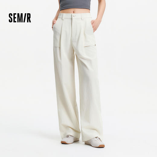 森马休闲裤女夏季肌理宽松打褶拖地裤半松紧腰松弛感工装风阔腿裤 商品图1