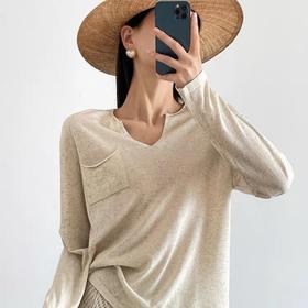 佐姿莎 亚麻针织高级感V领慵懒上衣 V领设计修饰脖颈线条 宽松廓形 遮肉显瘦不挑人 异色纱结纹理 细腻层次感