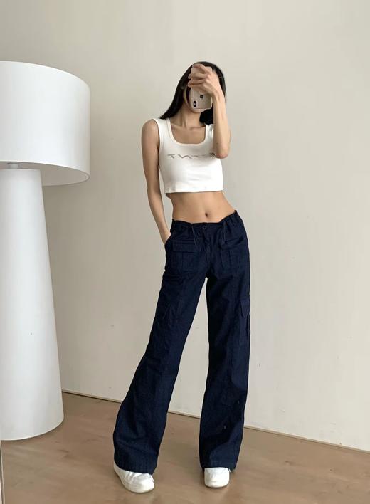 F0318122两色可选多口袋设计微喇阔腿松紧抽绳工装裤 商品图4