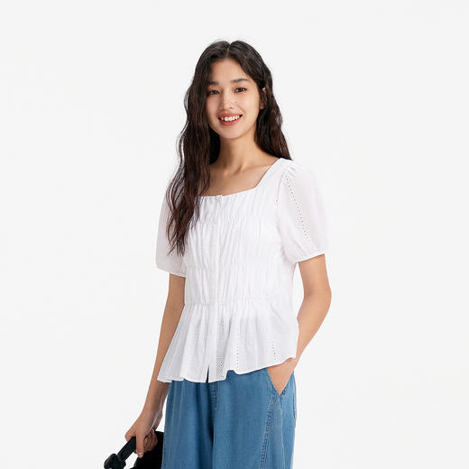 森马短袖衬衫女夏方领泡泡袖纯棉修身绣花衬衣法式温柔小个子上衣 商品图2