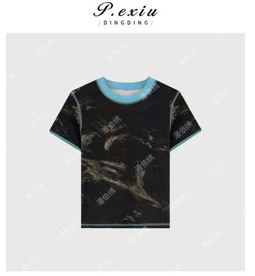 03-4潘依绣丁丁宠粉夏季新款撞色拼接晕染紧身短袖T恤W9118 商品图0