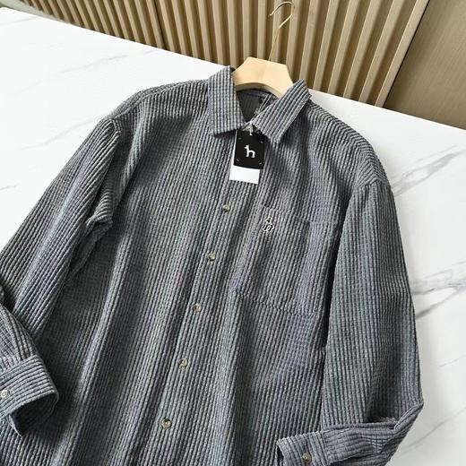 F031842春秋新款男士灯芯绒复古纯色宽松条纹衬衫上衣 商品图4