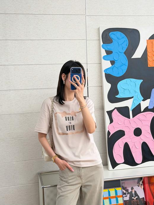 迪奥新款杏粉色棉质平纹布刺绣短袖T恤（KX） 商品图0