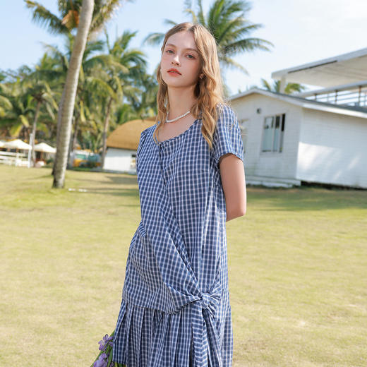 【100棉】三彩2026夏季新款格纹连衣裙不规则百褶A字裙宽松M 商品图3