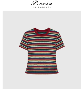 03-3潘依绣丁丁宠粉【彩趣纷呈】韩系撞色彩虹条纹修身短袖T恤 WH00151