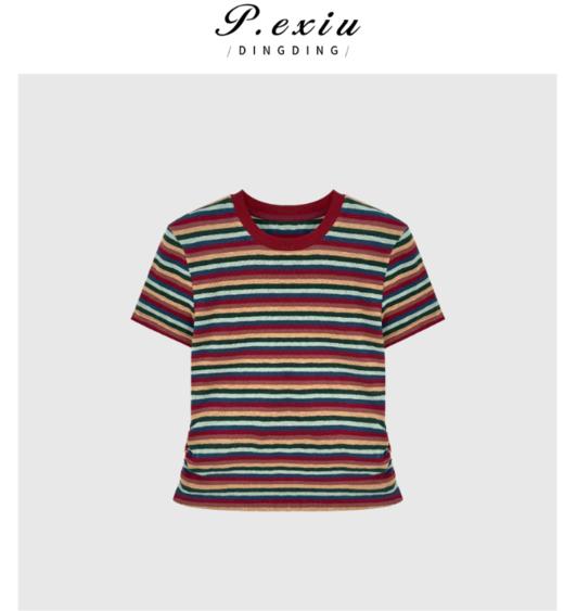 03-3潘依绣丁丁宠粉【彩趣纷呈】韩系撞色彩虹条纹修身短袖T恤 WH00151 商品图0