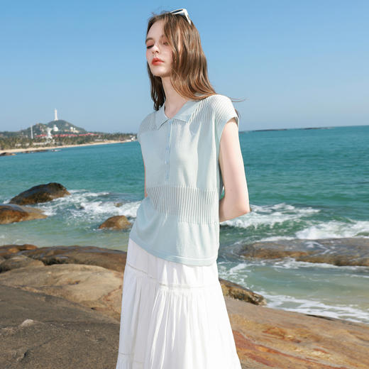 三彩2026夏季新款翻领短袖针织衫套头轻薄绣花上衣肌理套头衫M 商品图1