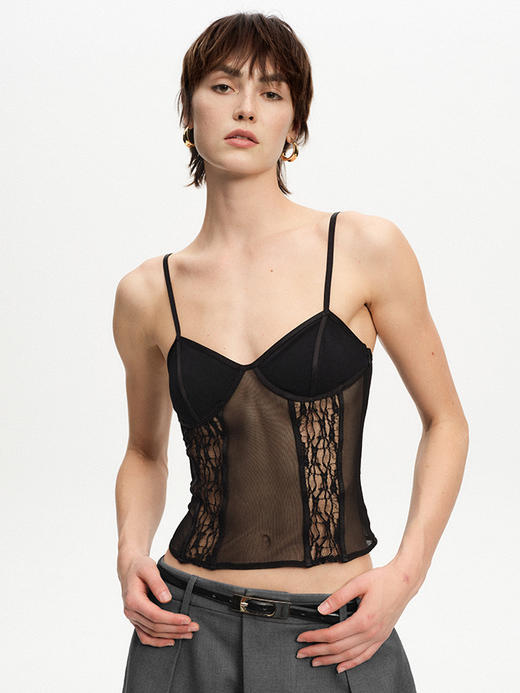 TR她热 纵情都市 黑色网纱蕾丝拼接镂空分割性感辣妹显瘦吊带背心 商品图4