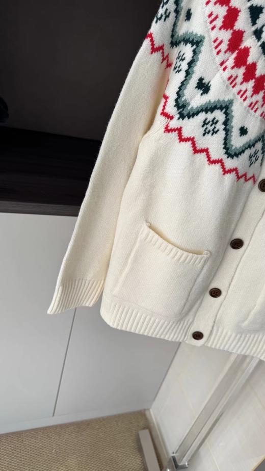 F031821米白色宽松圆领开襟复古温柔费尔岛提花针织开衫 商品图5