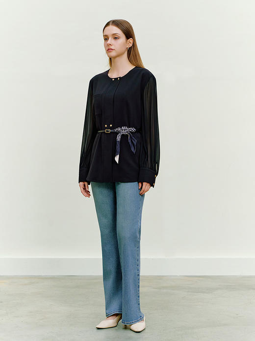 【拼接款雪纺上衣】26年春夏新品女士腰带收腰衬衫圆领开衫 商品图2