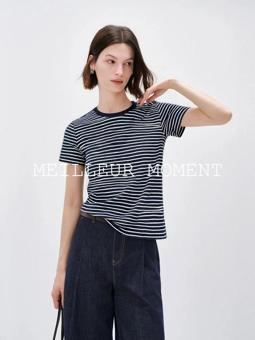 F0318116春夏新款棉氨混纺竹节棉T贝壳扣撞色条纹T恤 商品图8