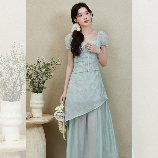 西遇重工绣花短袖方领连衣裙女2026年夏季新款碎花收腰拼接网纱裙SS060232 商品图2