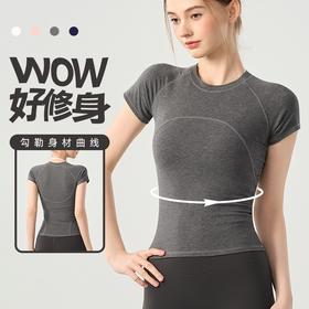 新款短袖女圆领修身百搭瑜伽上衣外穿t恤健身服跑步普拉提训练衣 000BMMZ446