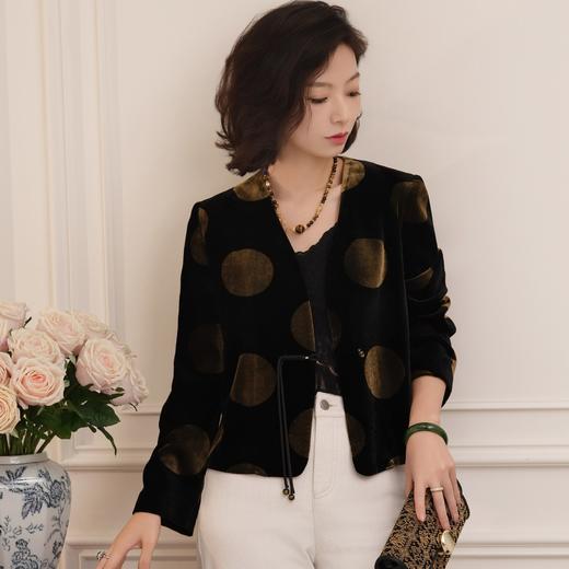 西子/墨金盏100桑蚕丝丝绒小香风黑金波点系带外套女/WTZH0051 商品图0