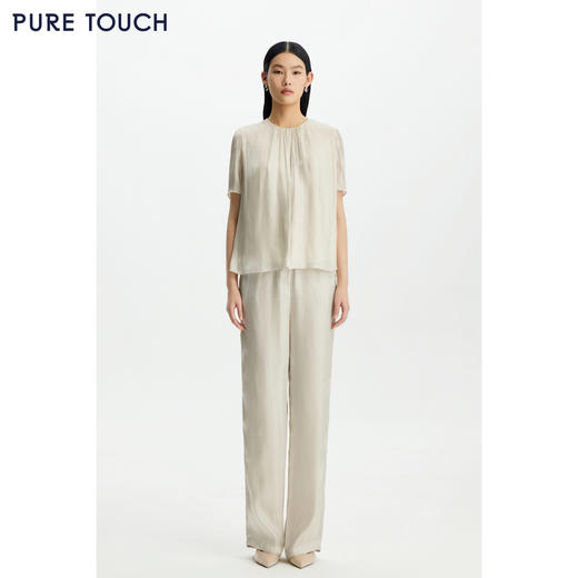 PURE TOUCH女装26春夏新款水银纱短袖上衣珠光圆领抽褶飞袖半袖衫 商品图3