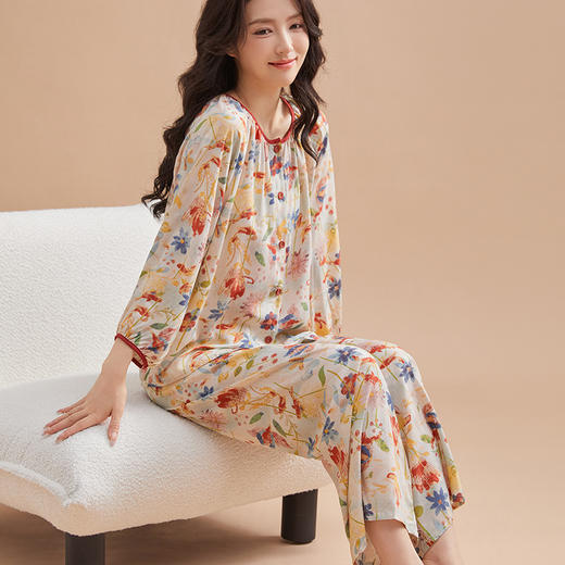 「数款可选！春夏新款」睡衣女士长袖长裤40支全人棉绸开衫套装国风印花舒适睡衣内衣 商品图1