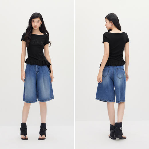 森马短袖T恤女夏季短款一字领荷叶边烫钻2026新款小性感辣妹衣服 商品图4