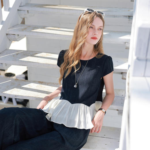 三彩2026夏季新款休闲两件套圆领短袖上衣高腰宽松九分裤套装M 商品图2