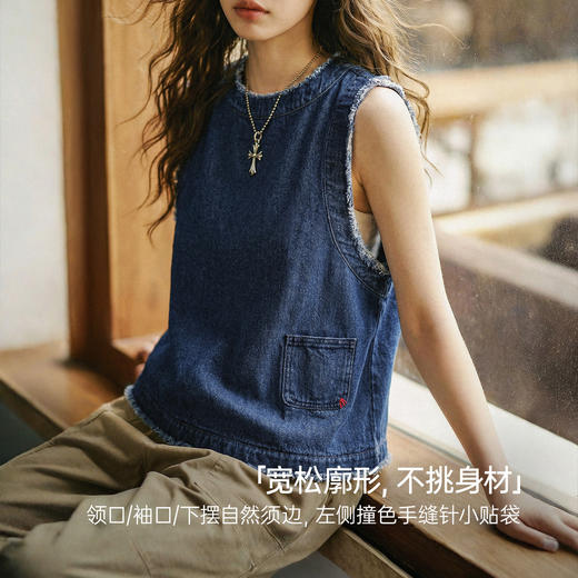 马登日系复古宽松叠单外穿牛仔马甲外套无袖坎肩背心上衣女士春夏 商品图1