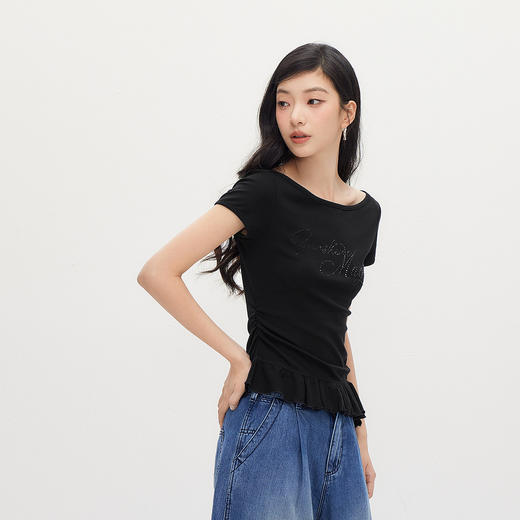 森马短袖T恤女夏季短款一字领荷叶边烫钻2026新款小性感辣妹衣服 商品图2
