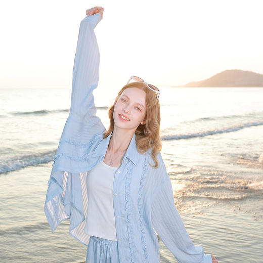 三彩2026夏季新款休闲两件套木耳边衬衫上衣高腰宽松短裤套装M 商品图1