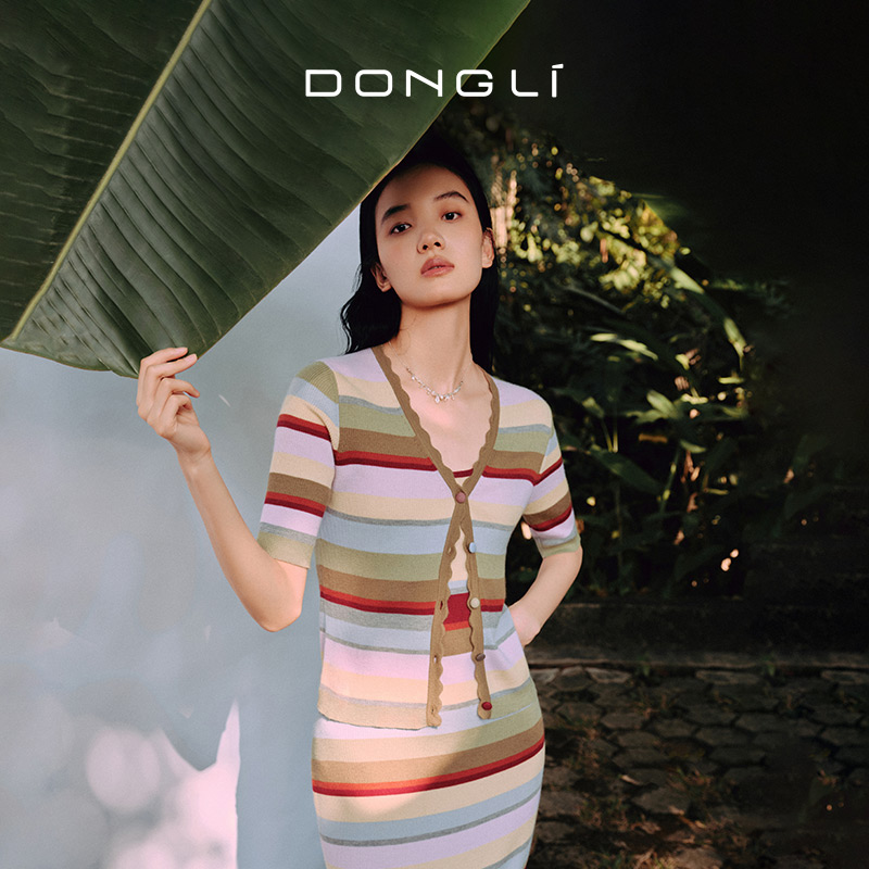 东黎 • 万物复苏 一目彩虹 山羊绒桑蚕丝 女士春夏V领半袖开衫 6050