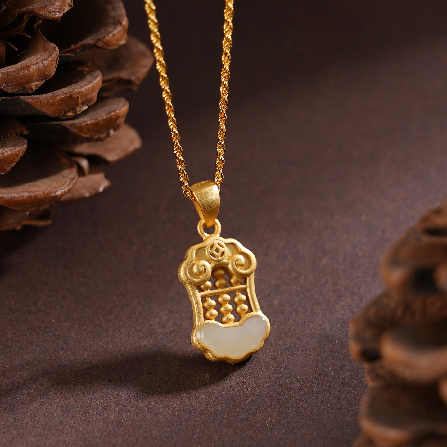 子佩集S925【如意算盘】套链项链【DZ04985】纯银古法银镀金和田玉2509