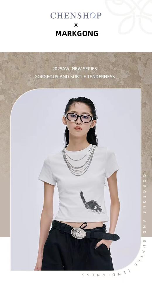 F031829时尚百搭虞书欣同款紧身小猫咪印花圆领短袖T恤 商品图10